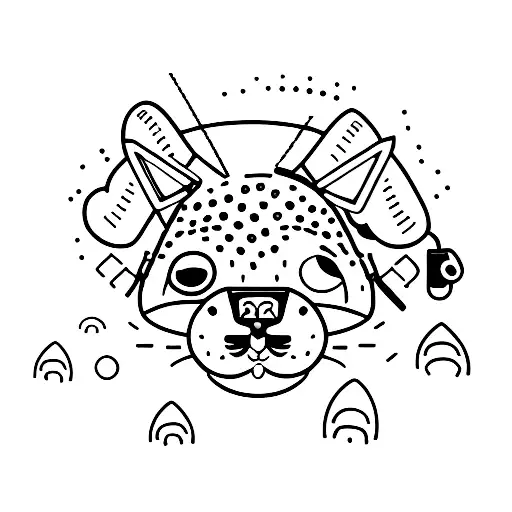 A dotwork tattoo of an cat wearing headphones, surrounded by camping gear like a tent, backpack, and campfire tattoo design idea