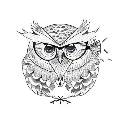 A dotwork tattoo of an owl wearing headphones, surrounded by camping gear like a tent, backpack, and campfire tattoo design idea