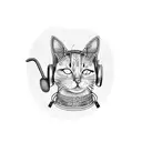 A dotwork tattoo of an cat wearing headphones, surrounded by camping gear like a tent, backpack, and campfire tattoo design idea