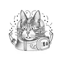 A dotwork tattoo of an cat wearing headphones, surrounded by camping gear like a tent, backpack, and campfire tattoo design idea