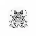 A dotwork tattoo of an cat wearing headphones, surrounded by camping gear like a tent, backpack, and campfire tattoo design idea