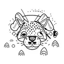 A dotwork tattoo of an cat wearing headphones, surrounded by camping gear like a tent, backpack, and campfire tattoo design idea