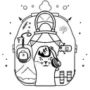 A dotwork tattoo of an cat wearing headphones, surrounded by camping gear like a tent, backpack, and campfire tattoo design idea
