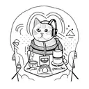 A dotwork tattoo of an cat wearing headphones, surrounded by camping gear like a tent, backpack, and campfire tattoo design idea