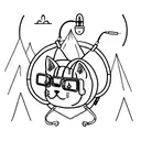 A dotwork tattoo of an cat wearing headphones, surrounded by camping gear like a tent, backpack, and campfire tattoo design idea