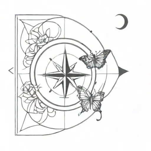 A travel themed tattoo featuring a compass rose with a butterfly and moon elements in a minimalist style tattoo design idea