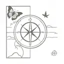 A travel themed tattoo featuring a compass rose with a butterfly and moon elements in a minimalist style tattoo design idea