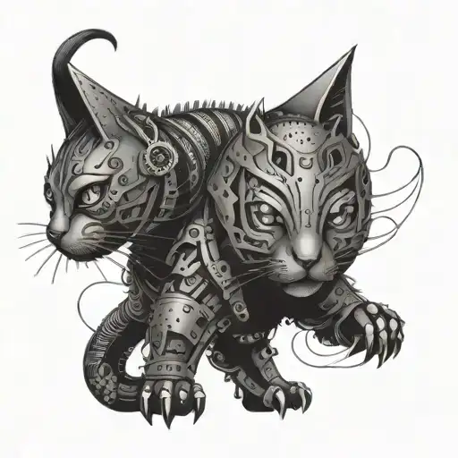 mechanical cat warrior tattoo design idea