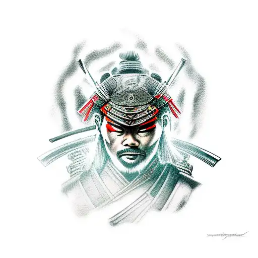 Samurai with sinister aura. Vibrant colors surrounding him. Victorious in bloody battle  tattoo design idea