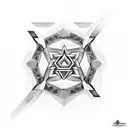 Symbol vom Sternzeichen Jungfrau mit geometrischen Formen und Blüten.  tattoo design idea