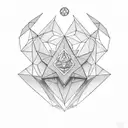 Symbol vom Sternzeichen Jungfrau mit geometrischen Formen und Blüten.  tattoo design idea