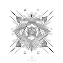 Symbol vom Sternzeichen Jungfrau mit geometrischen Formen und Blüten.  tattoo design idea