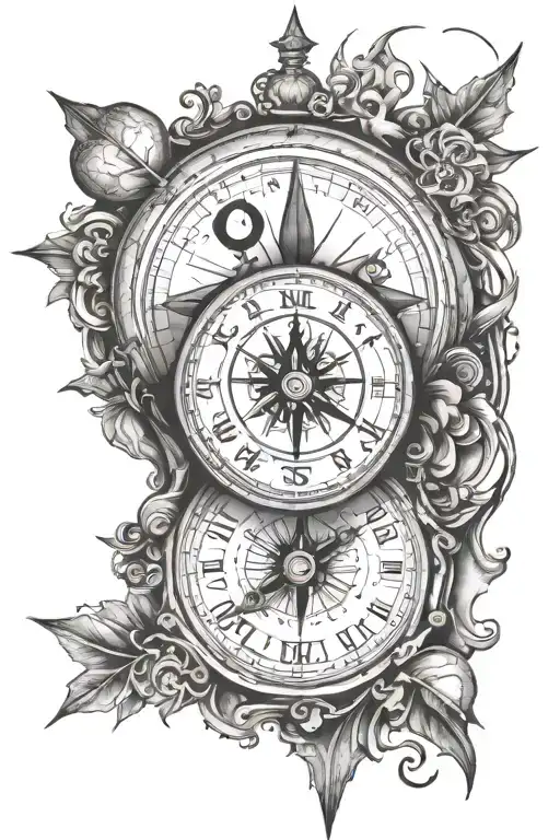 compass and clock tattoo design idea