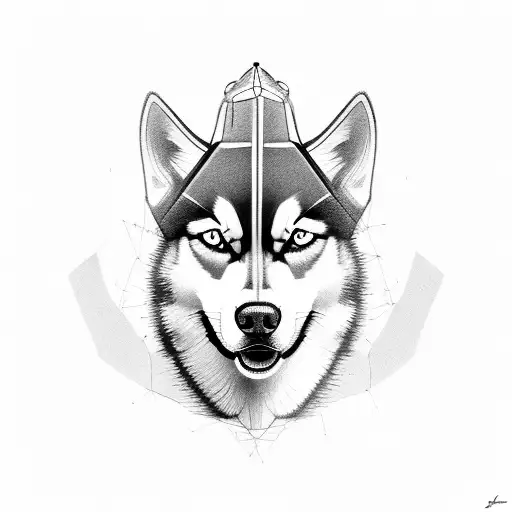 A detailed husky portrait with a construction helmet tattoo design idea