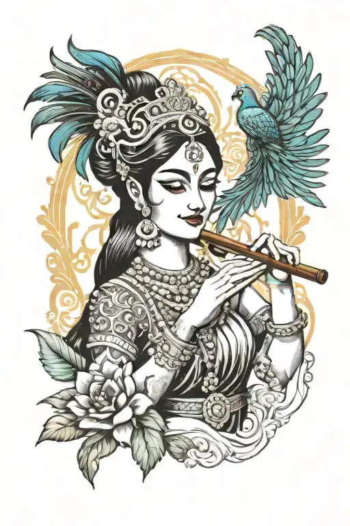 I want a tattoo on my hand. the tattoo should small. I idea is that I want lord Krishna with peacock feather and flute tattoo design idea