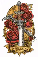 King Theoden's sword with script saying "A red day, a sword day, ere the sun rises" tattoo design idea