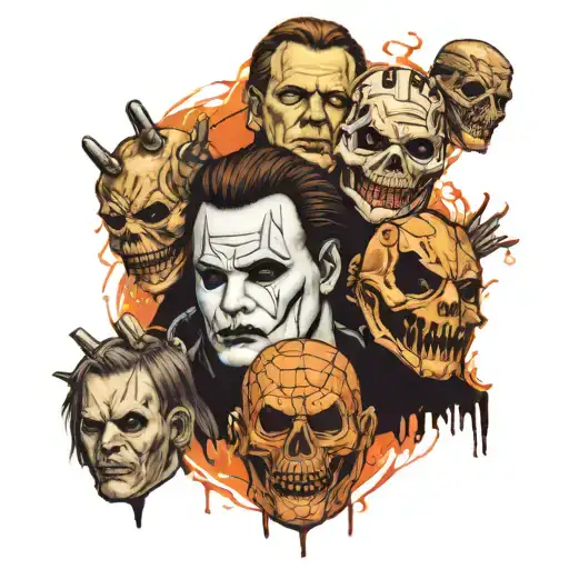 Tattoo Full Sleave With The heads of Michael Myers, Jason voorhees, annabelle and freddy kruger tattoo design idea