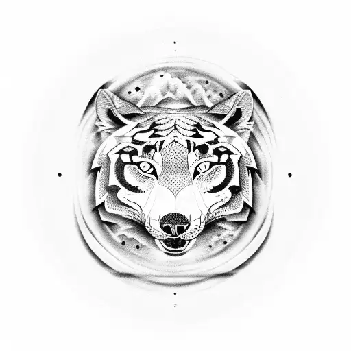 A ying yang symbol with a wolf and a tiger intertwined in a black and white dotwork style tattoo design idea