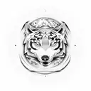 A ying yang symbol with a wolf and a tiger intertwined in a black and white dotwork style tattoo design idea