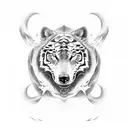 A ying yang symbol with a wolf and a tiger intertwined in a black and white dotwork style tattoo design idea