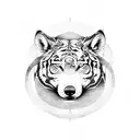 A ying yang symbol with a wolf and a tiger intertwined in a black and white dotwork style tattoo design idea