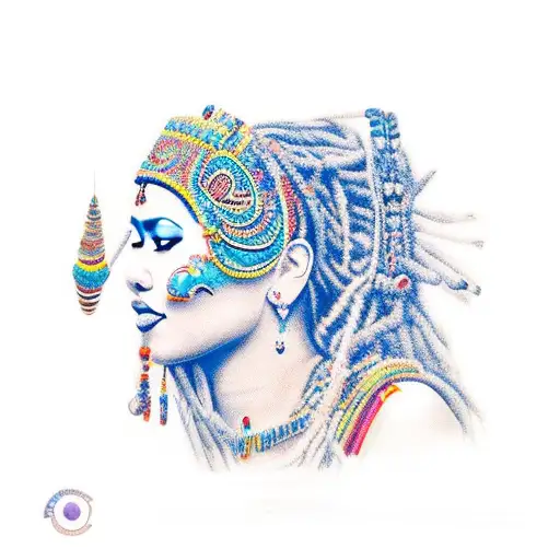 Depict the natural beauty and cultural identity of the Colombian Caribbean. Include a background featuring shades of blu tattoo design idea