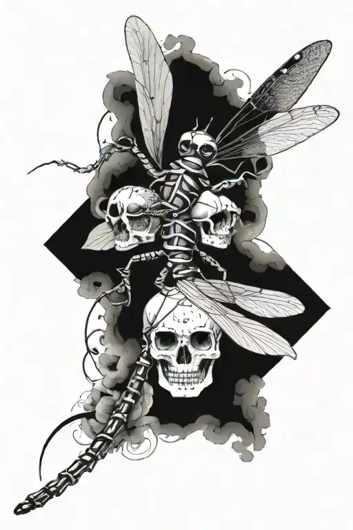 dragonfly with human skull as head and spine as body   tattoo design idea