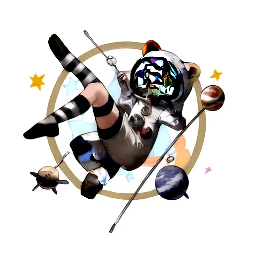 raccoon dressed as an astronaut floating in the space with stars and planets tattoo design idea