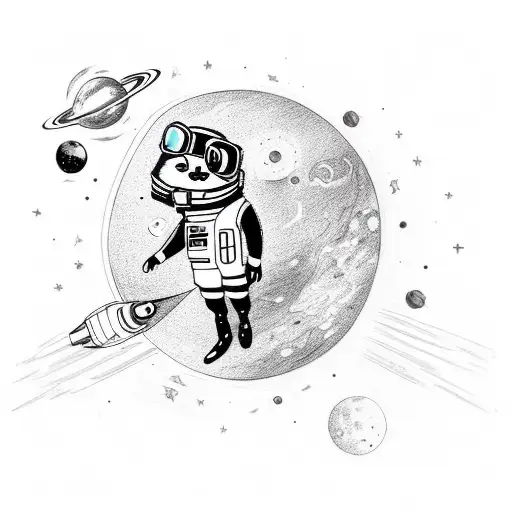 raccoon dressed as an astronaut floating in the space with stars and planets tattoo design idea