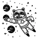 raccoon dressed as an astronaut floating in the space with stars and planets tattoo design idea