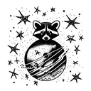 raccoon dressed as an astronaut floating in the space with stars and planets tattoo design idea
