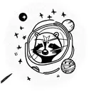 raccoon dressed as an astronaut floating in the space with stars and planets tattoo design idea