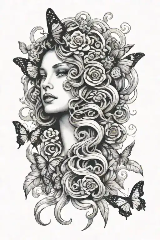 Medusa and butterflies surrounding tattoo design idea