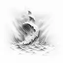 A dotwork design of a sculpture blending seamlessly into a wave crashing against the shore tattoo design idea