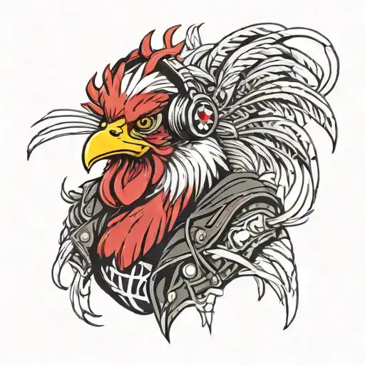 Gamer rooster wearing headphones with a metallica t-shirt and a black leather jacket tattoo design idea