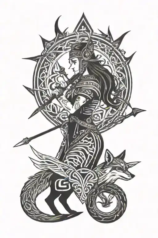 goddess Mara scythe and helmet of horror and the hearth of the fox and Slavic runes tattoo design idea