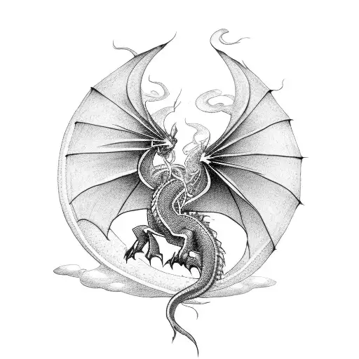 A black and white fine line drawing of a medieval dragon diving 90% downwards with wings 3/4 expanded out and its entire tattoo design idea