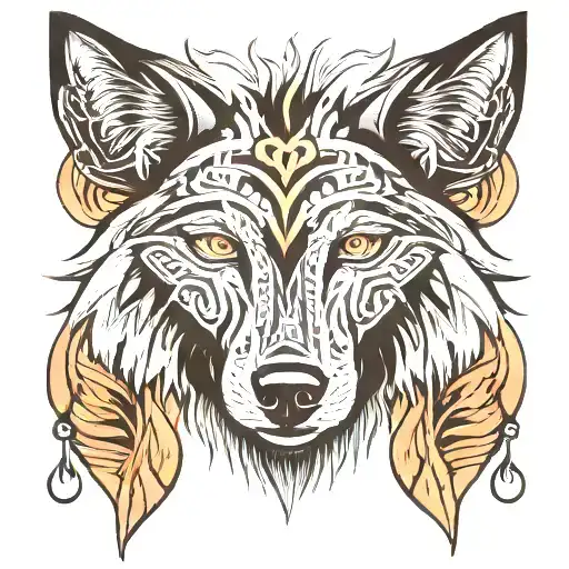 A black wolf forehead head with silver hair adorned with tribal patterns and symbols representing strength and wisdom tattoo design idea