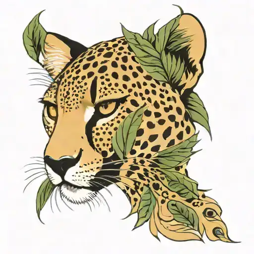cheetah with tropical leaves tattoo design idea