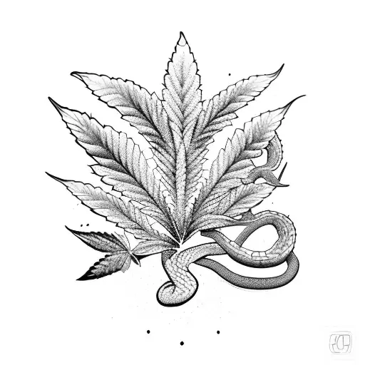 A cannabis plant intertwined with a snake, representing the client's love for both nature and unique creatures tattoo design idea