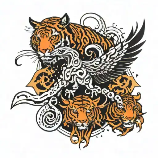 machine crow, rune octopus, cosmic tiger tattoo design idea