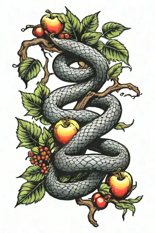 snake and apple tree branch tattoo design idea