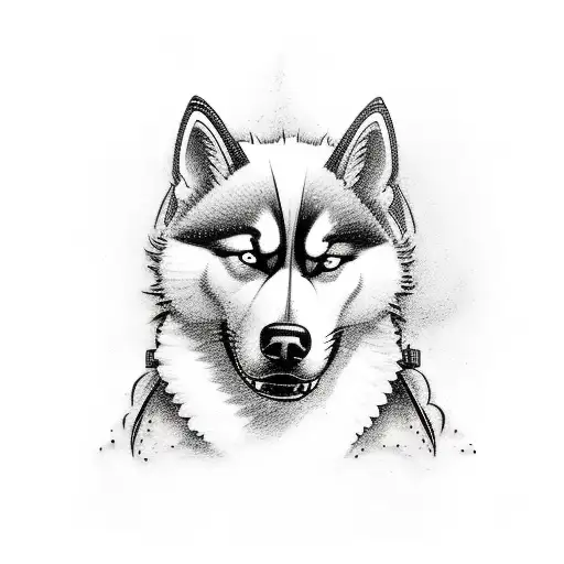 Create a tattoo of a firefighter heroically saving a husky from a burning building tattoo design idea