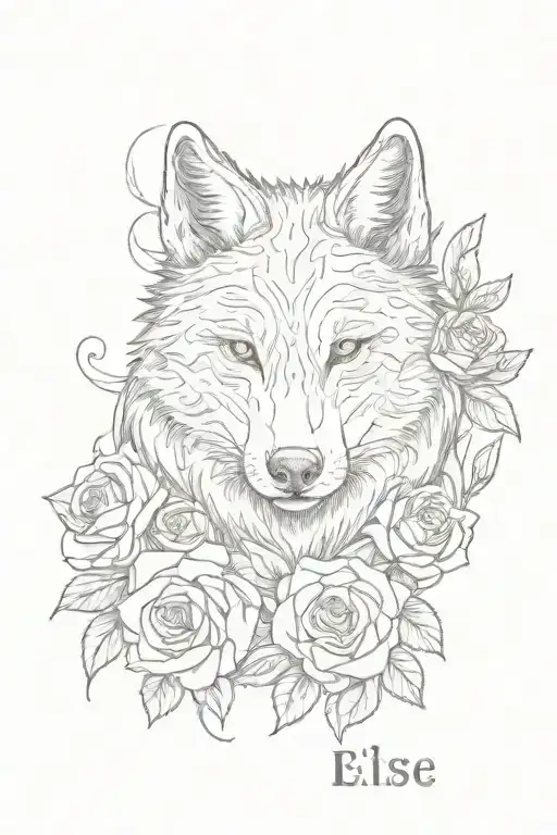simple wolf wrapped in roses with the name Eleise  tattoo design idea