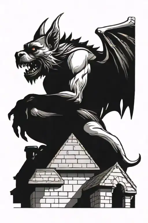 A gargoyle sits on the roof of a gothic castle tattoo design idea