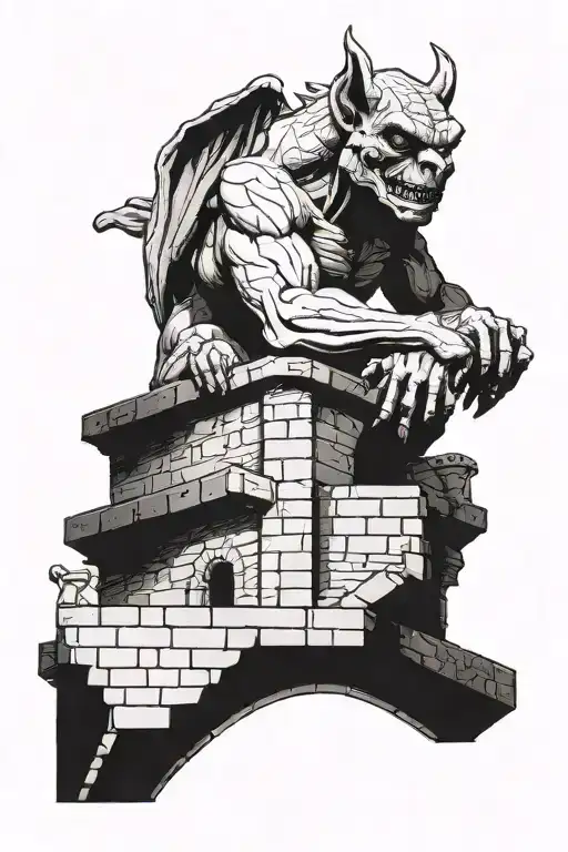 The gargoyle is sitting on the roof of the castle tattoo design idea