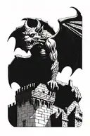 A gargoyle sits on the roof of a gothic castle tattoo design idea