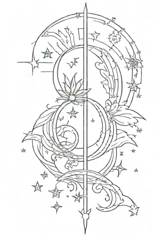 fine line spine tattoo with a sun, fairy, half moon and stars in a thin simple vertical line  tattoo design idea