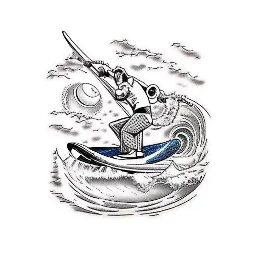 A doctor riding a wave with a jaguar sitting on the surfboard tattoo design idea