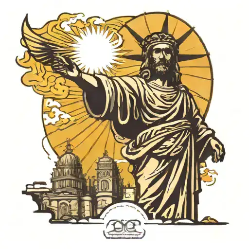 The sun behind the statue of Jesus in Rio and the tall buildings of the city below at the end of that statue tattoo design idea